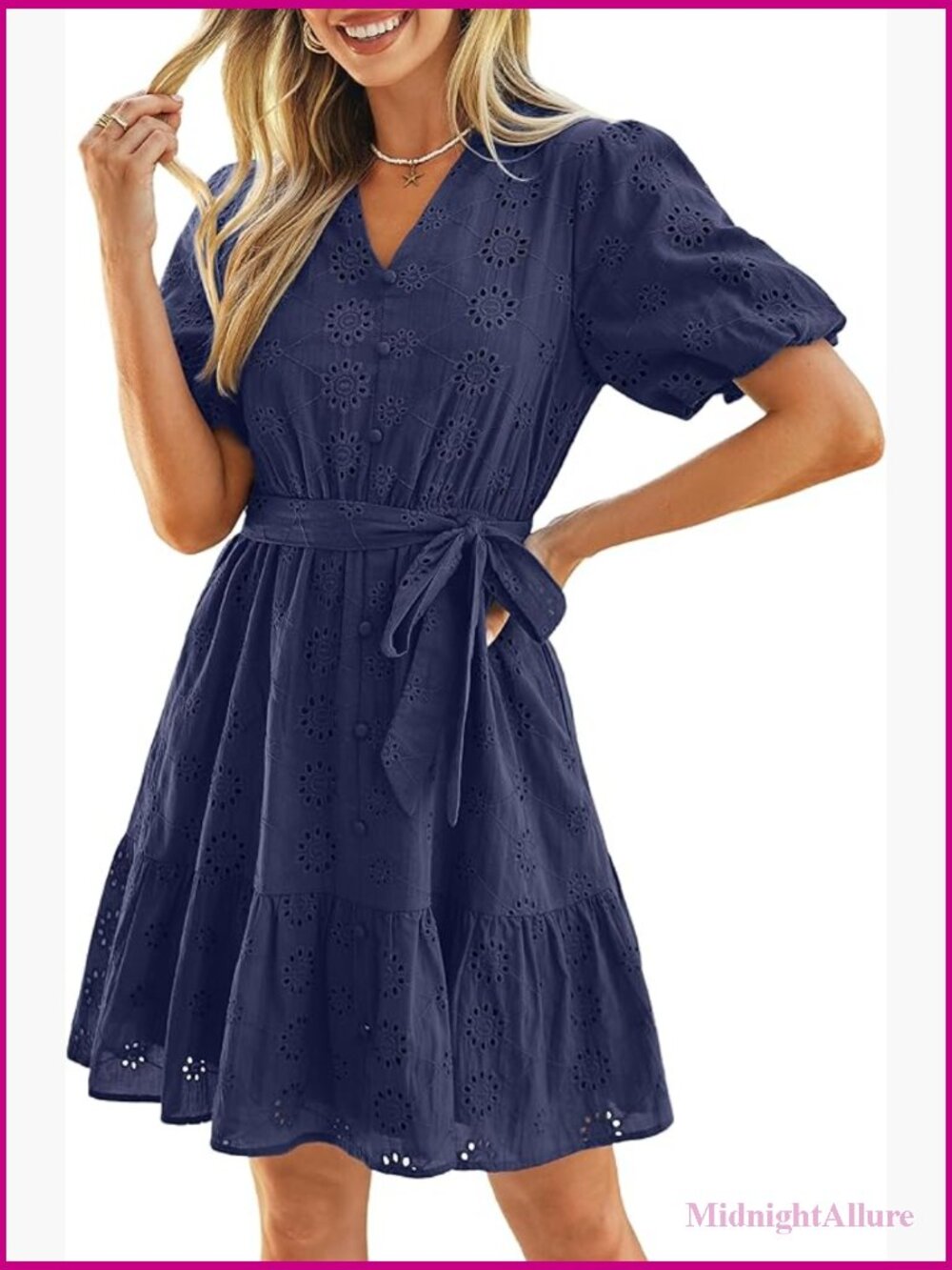 Eyelet V Neck Mini Dress with Puff Sleeves and Belt
